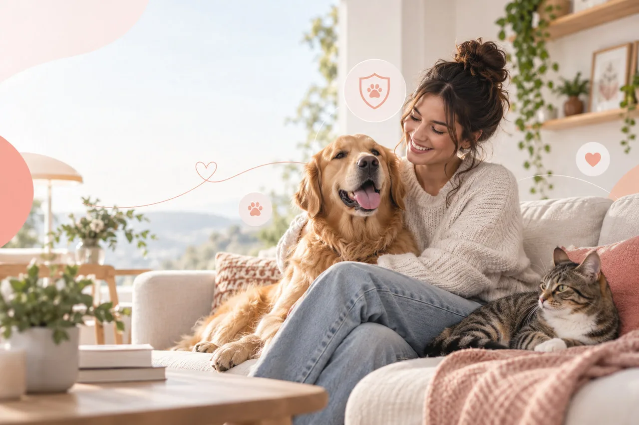 Owner at home with a dog and cat beside her